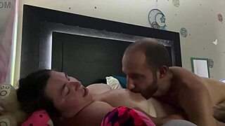 BbW moans as guy sucks her huge natural fat tits
