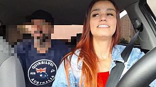 driver slut fucks passenger creampie after catching him stroking