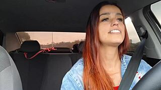 driver slut fucks passenger creampie after catching him stroking