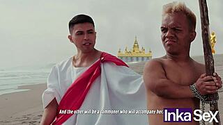 Colombian fitness gladiators dominate emperor with athletic asses on beach