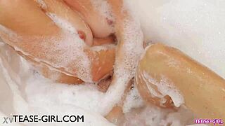 Bold Daddy Fingers Petite Teen Brunette in Steamy Sensual Bath