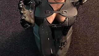 Catwoman strokes massive dildo in femdom pov handjob cage play