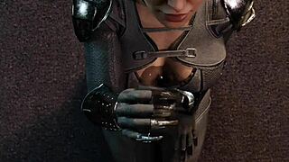 Catwoman strokes massive dildo in femdom pov handjob cage play