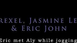 Erotique Entertainment promo sees two barefoot amateur girls with small tits give Eric John wet outdoor patio footjobs and threesome pussy pounding