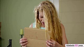 blonde teen teases shaved pussy with dildo before squirting orgasm solo