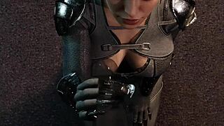 Catwoman strokes massive dildo in femdom pov handjob cage play