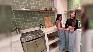 Colombian stepmom licks my pussy while cooking in kitchen