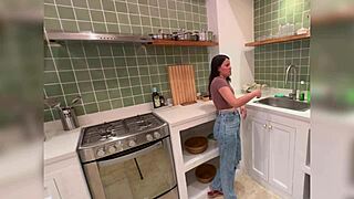 Colombian stepmom licks my pussy while cooking in kitchen
