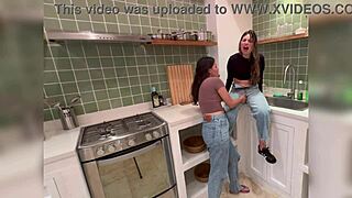 Colombian stepmom licks my pussy while cooking in kitchen