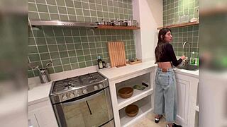 Colombian stepmom licks my pussy while cooking in kitchen