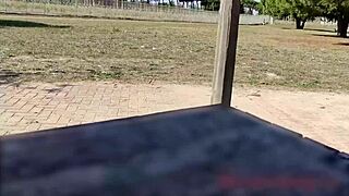 Teacher grips student's throbbing cock jerking him off publicly in crowded park