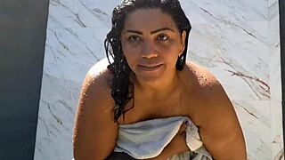 Wife creampied pussy then showers naked outdoors for neighbors to see