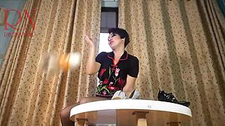 lady strips pantyhose heels round table tease