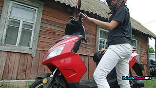 russian biker blonde fists her wet pussy outdoors in lingerie