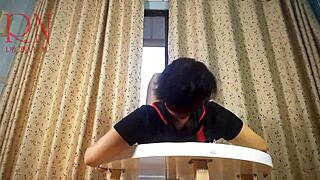 lady strips pantyhose heels round table tease