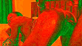 Ebony babe bends over for big black cock doggystyle in red lit cozy room romance