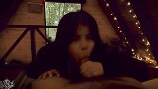 wife swallows anniversary load in dark cabin pov blowjob