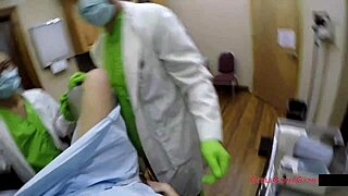 Nurse Lainey spreads for patient gyno exam backstage latex gloves