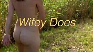 young horny milf wife flashes shaved pussy and big tits on first public nude walk