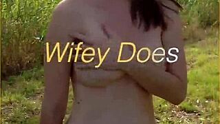 young horny milf wife flashes shaved pussy and big tits on first public nude walk