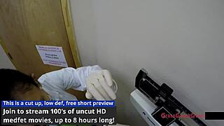 Nurse Lainey spreads for patient gyno exam backstage latex gloves