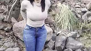 argentinian amateur bares natural tits for outdoor public flashing fun