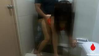 boyfriend gone, friend cums all over in bathroom