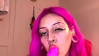 Nali Marie slobbers wildly on huge dildo in solo sloppy blowjob frenzy!