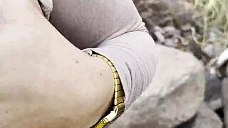 argentinian amateur bares natural tits for outdoor public flashing fun