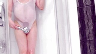 cute eronekokun jerks anal toy in see-thru swimsuit shower