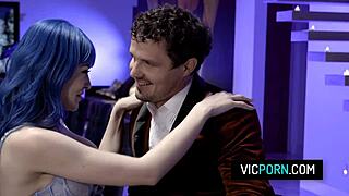 Jewelz Blu's blue hair bounces during doggystyle pussy pounding