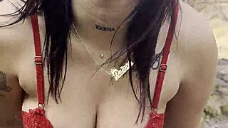 argentinian amateur bares natural tits for outdoor public flashing fun