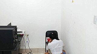 curvy latina student shoves huge toy deep in principal's office uniform play