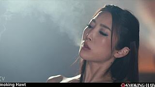 Emiri's Sexy Leather Smoking Blowjob Turns into Doggystyle Cumshot Facial