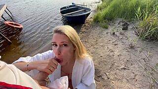 fishnet blonde sucks my monster cock risky outdoor pounding