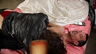 french amateur in green leather pants red satin heels takes doggy pov ass lick blowjob spank