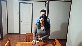 Stepmom surprised by morning fuck on dining table before breakfast