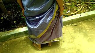 Desi milf with huge ass fingers pussy and pees outdoors in courtyard