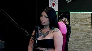 Tattooed curvy brunette Kalyca flashes huge natural tits in never-have-I-ever game then licks friend's clit on sheer red