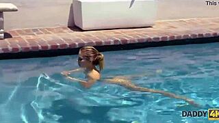 Skinny nymph sneaks pool fuck with boyfriend's dad