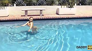 Skinny nymph sneaks pool fuck with boyfriend's dad