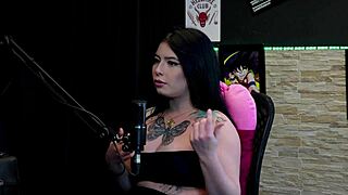 Tattooed curvy brunette Kalyca flashes huge natural tits in never-have-I-ever game then licks friend's clit on sheer red