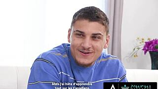 Foreign student oils Canadian roommate nuru massage turns dorm fuck, french subs