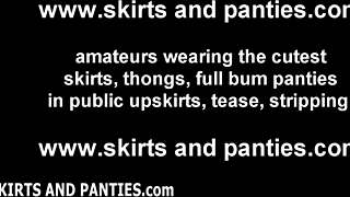 babe lifts skirt flashing new see thru panties and lingerie fetish tease