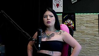 Tattooed curvy brunette Kalyca flashes huge natural tits in never-have-I-ever game then licks friend's clit on sheer red