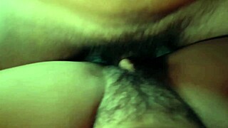 He rubs erect cock on her hairy pussy lips in missionary rubdown
