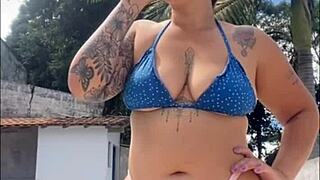 Flashing Big Pussy All Day While Exhibitionist Teases the Builder Outside