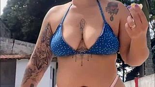 Flashing Big Pussy All Day While Exhibitionist Teases the Builder Outside