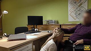 blonde teen in office casting fingers pussy and gives pov blowjob for cash