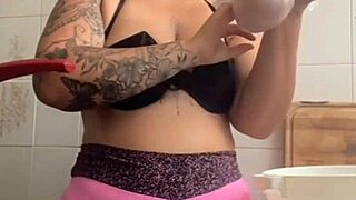 Exhibitionist Wife Flashes Big Pussy Lips Cooking Husband's Friend Dinner Halloween